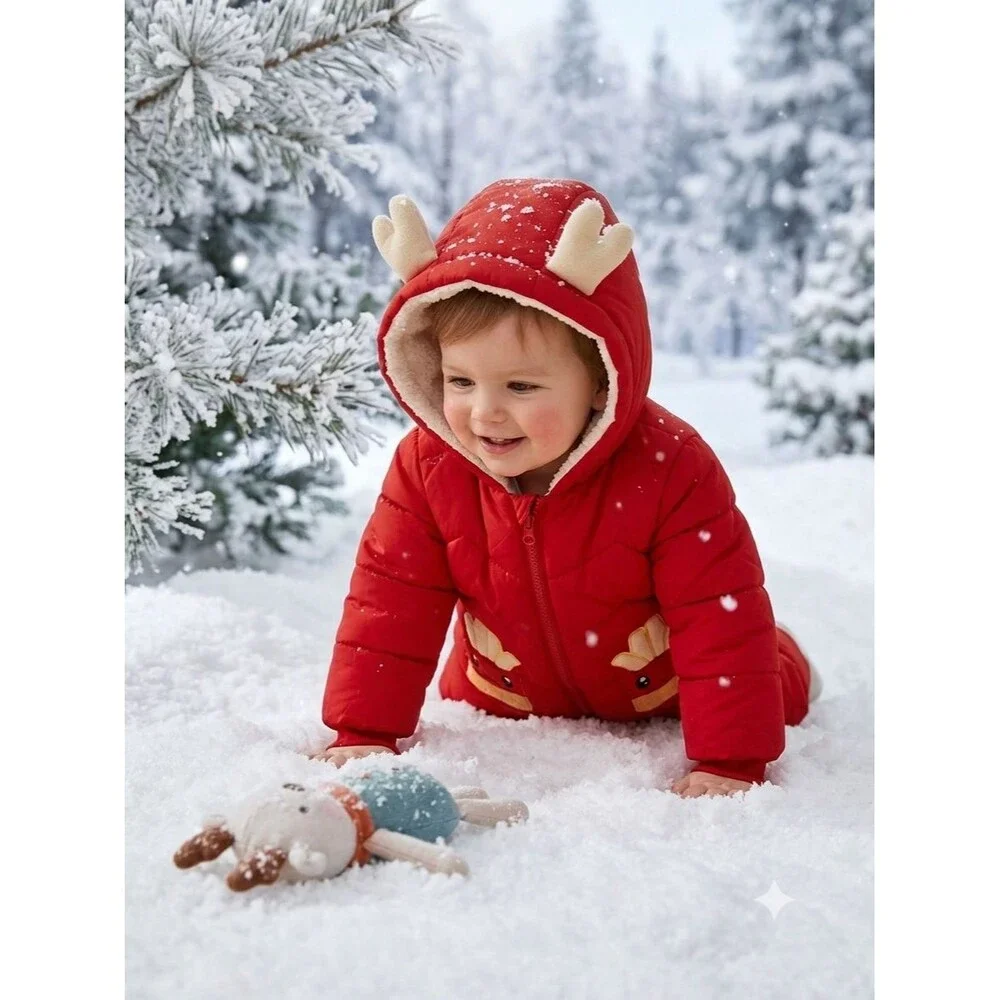 NWOT Baby Reindeer Hooded Winter Snowsuit Jumpsuit Red 12-18M